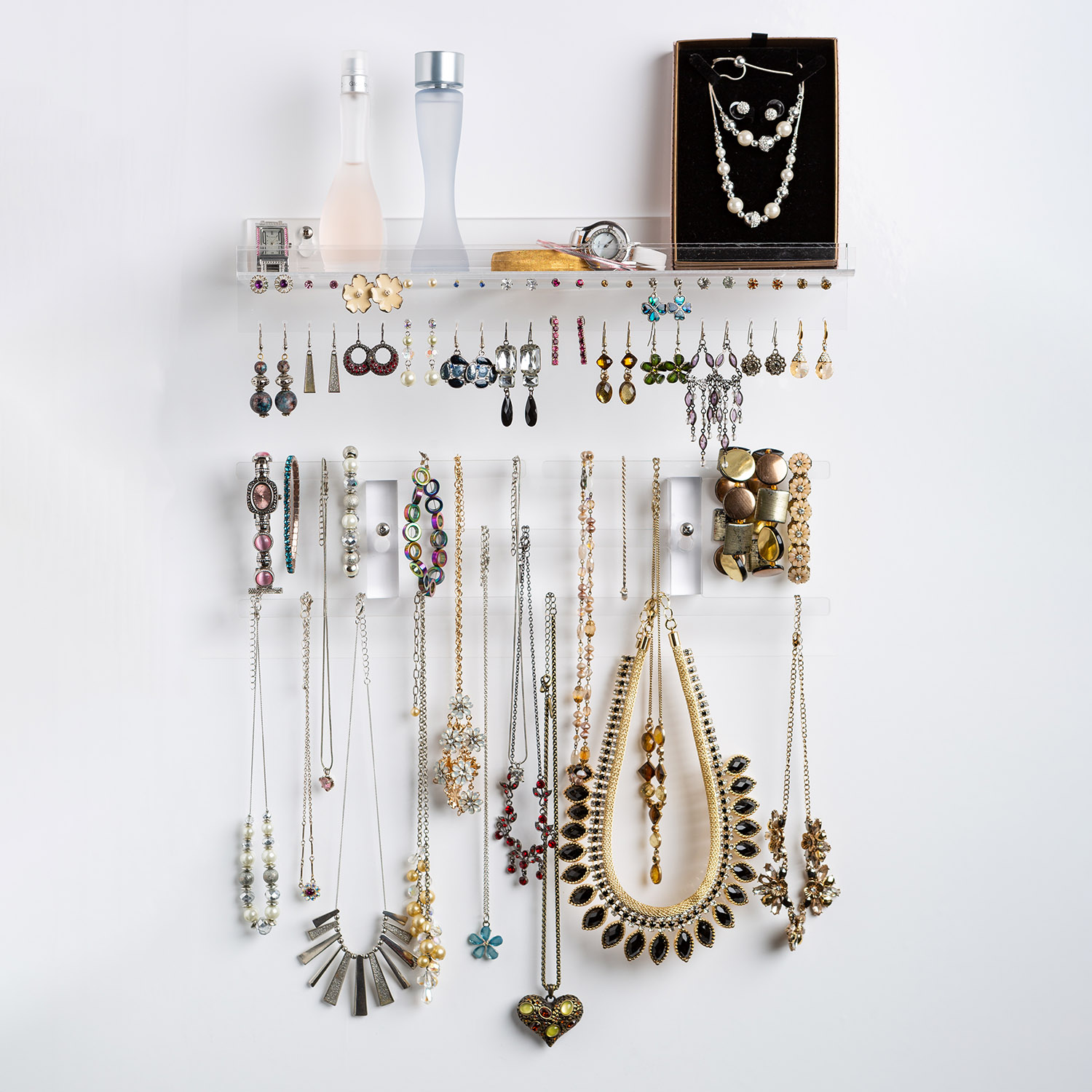 Wall Jewelry Organizer, Hanging Crystal-Clear Acrylic Jewelry Holder with  Shelf, Wall Mounted, to Display Necklaces, Earrings & Accessories - Pretty  Display: Making Your Space Beautiful!